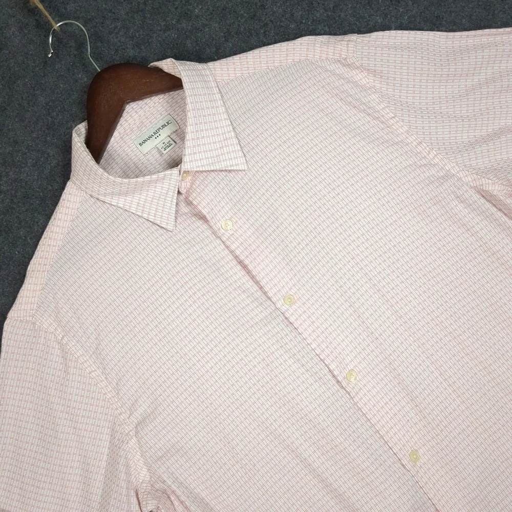 Banana Republic Mens XL Long Sleeve Button Front Micro Check Shirt White Red‎